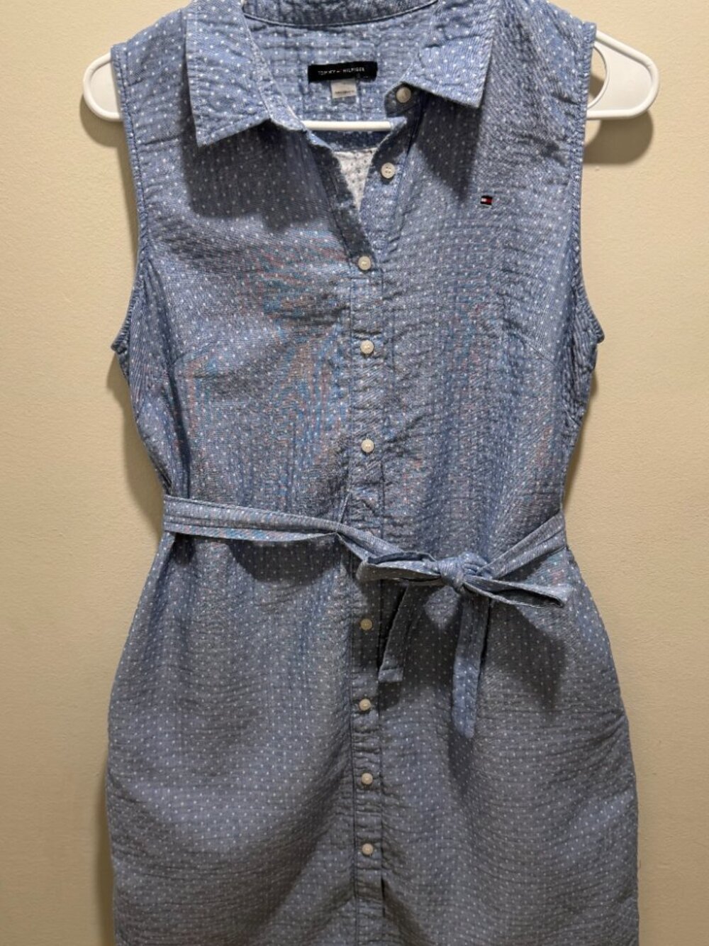 Tommy Hilfiger Women’s Blue Polka Dot Chambray Sleeveless Belted Shirt Dress